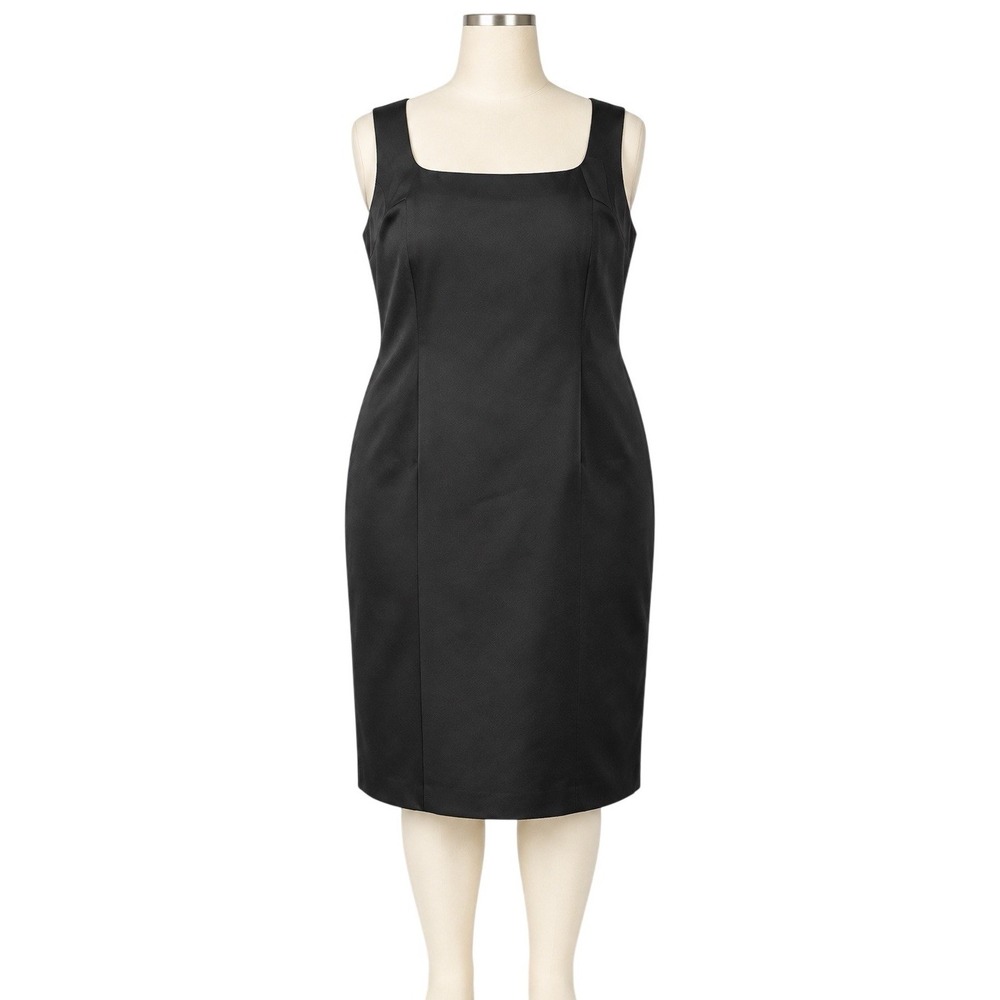 Talbots Dress Womens 16 Black Satin Sheath Square Neck Sleeveless Knee Length